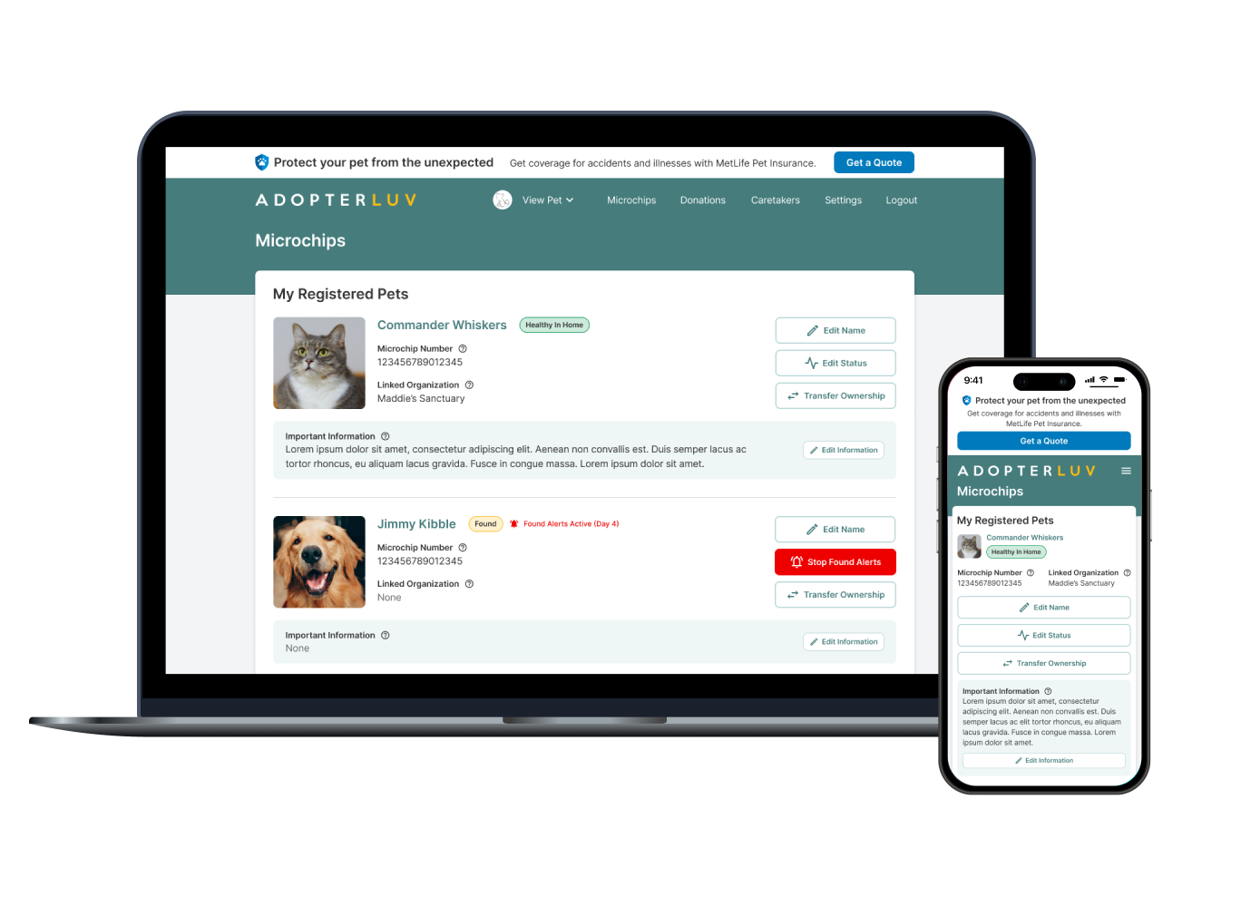 Adopterluv Microchip registrations displayed on a laptop and a mobile phone