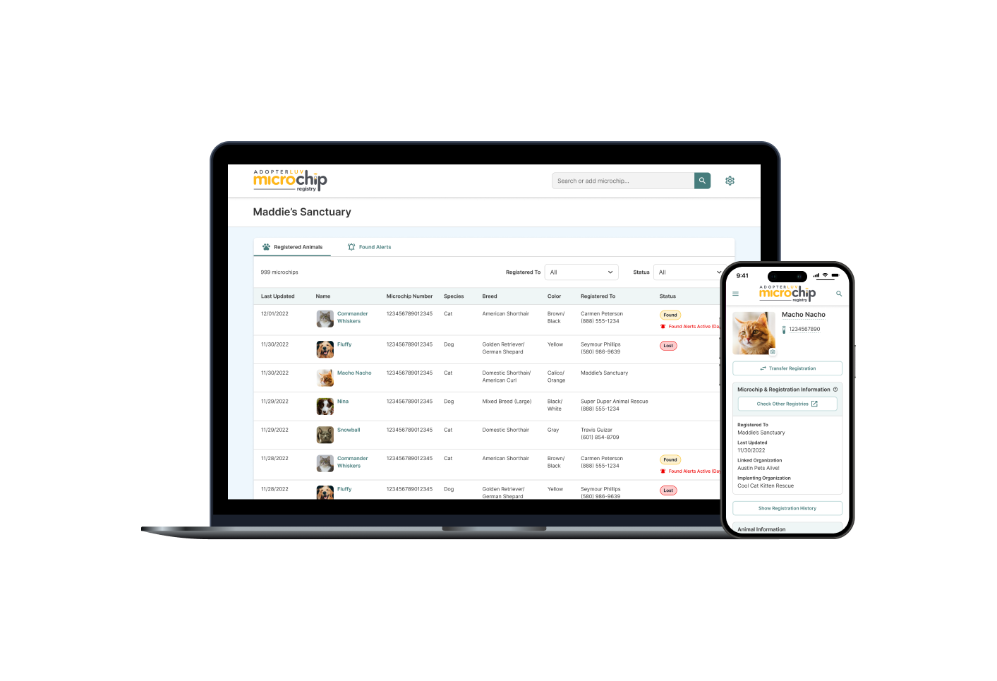 Adopterluv Microchip Registry displayed on a laptop and a mobile phone